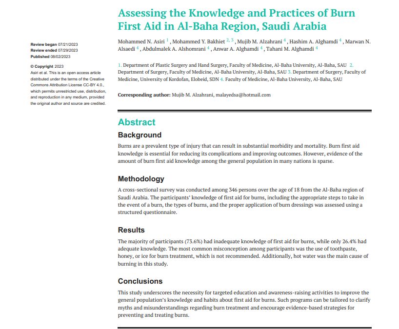 Assessing the Knowledge and Practices of Burn First Aid in Al-Baha Region, Saudi Arabia