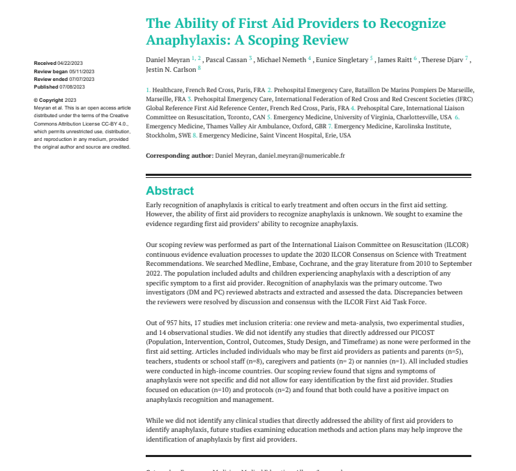 The Ability of First Aid Providers to Recognize Anaphylaxis: A Scoping Review